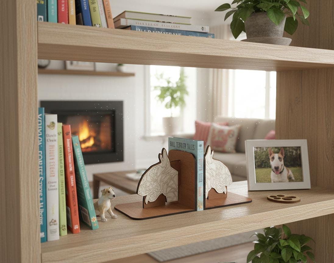 Geometric Bull Terrier Bookends, Laser Cut Birch Plywood, Modern Dog Decor