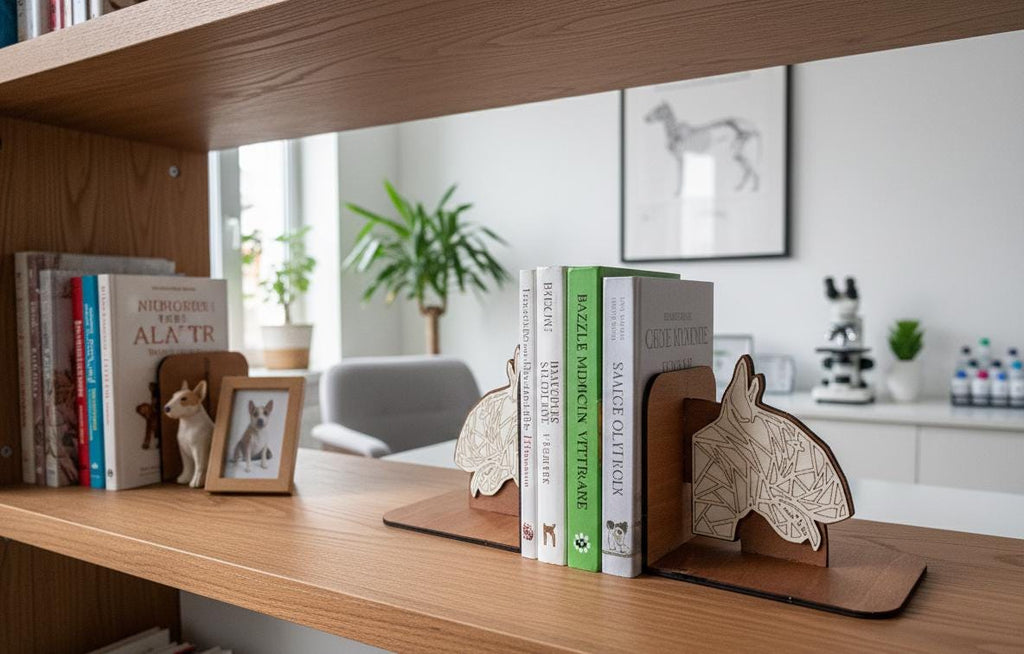 Geometric Bull Terrier Bookends, Laser Cut Birch Plywood, Modern Dog Decor