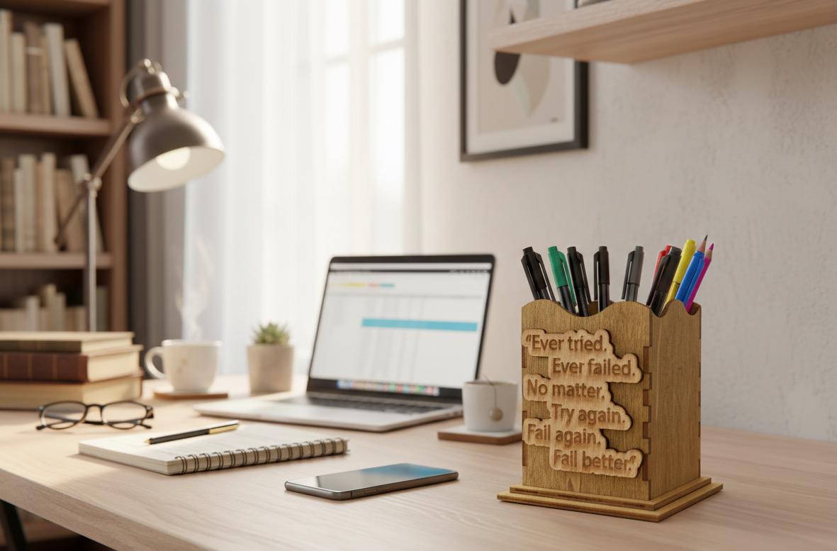 Engraved Wooden Pen Holder: Motivational Desk Organizer