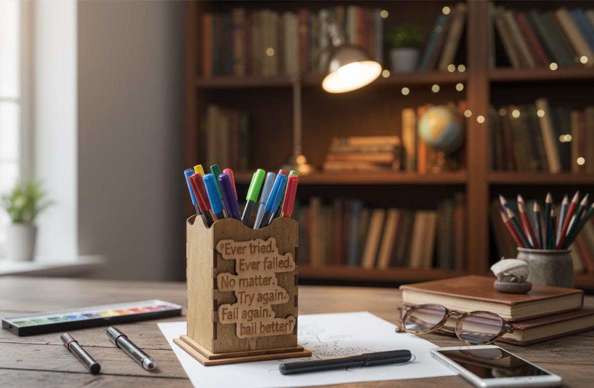 Engraved Wooden Pen Holder: Motivational Desk Organizer
