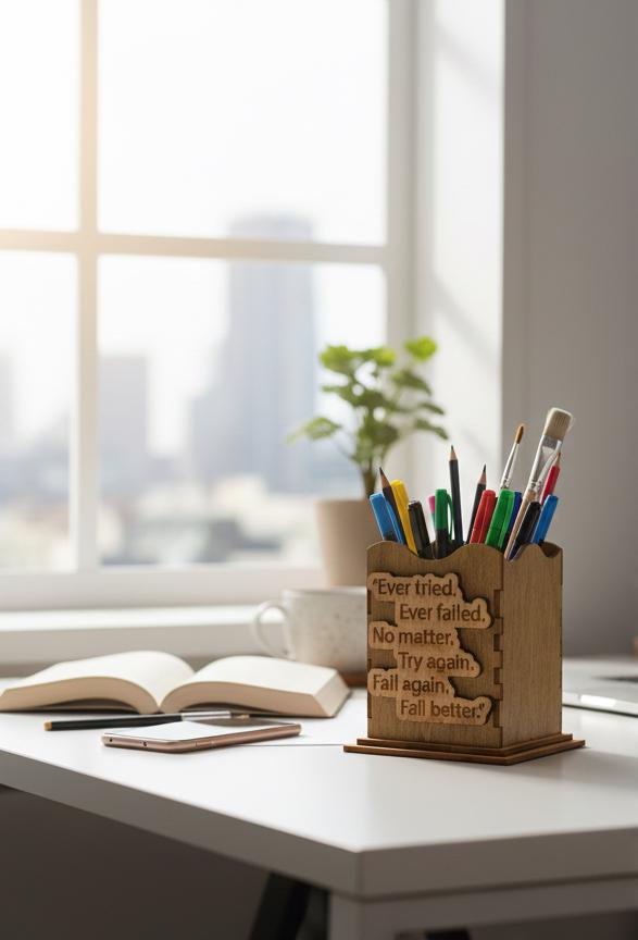 Engraved Wooden Pen Holder: Motivational Desk Organizer