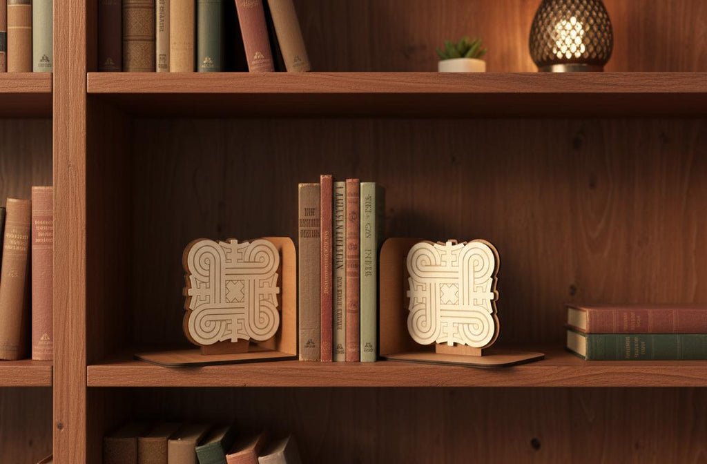 Finnish Mandala Wood Bookends, Nordic Geometric Knotwork Decor