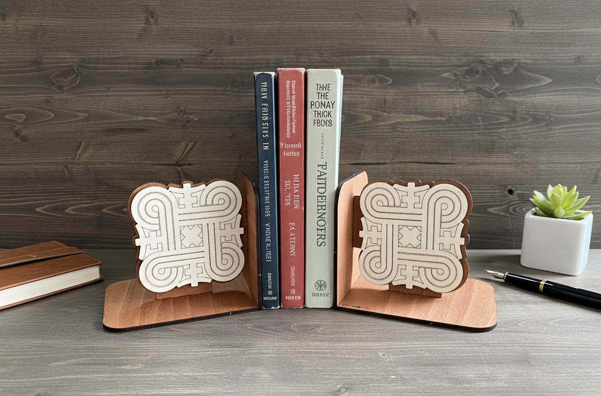 Finnish Mandala Wood Bookends, Nordic Geometric Knotwork Decor