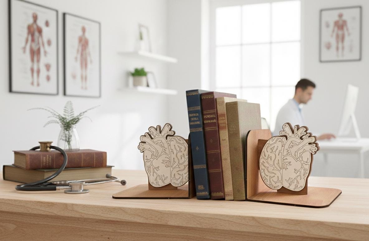 Anatomical Brain and Heart Bookends - Modern Medical Decor, Digital Brain Artwork