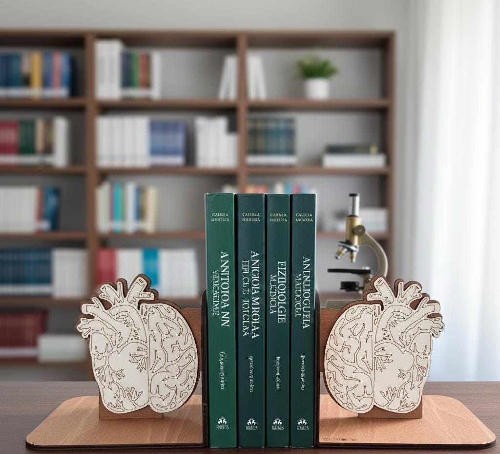 Anatomical Brain and Heart Bookends - Modern Medical Decor, Digital Brain Artwork