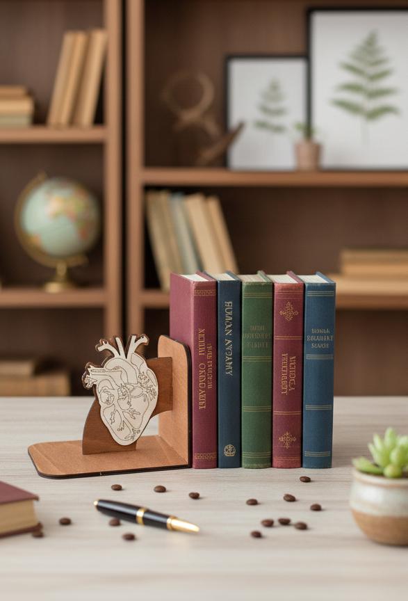 Geometric Human Heart Bookends, Wooden Anatomical Decor, Medical Gift