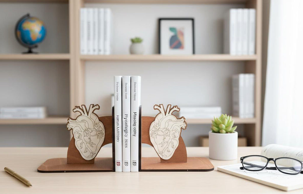 Geometric Human Heart Bookends, Wooden Anatomical Decor, Medical Gift