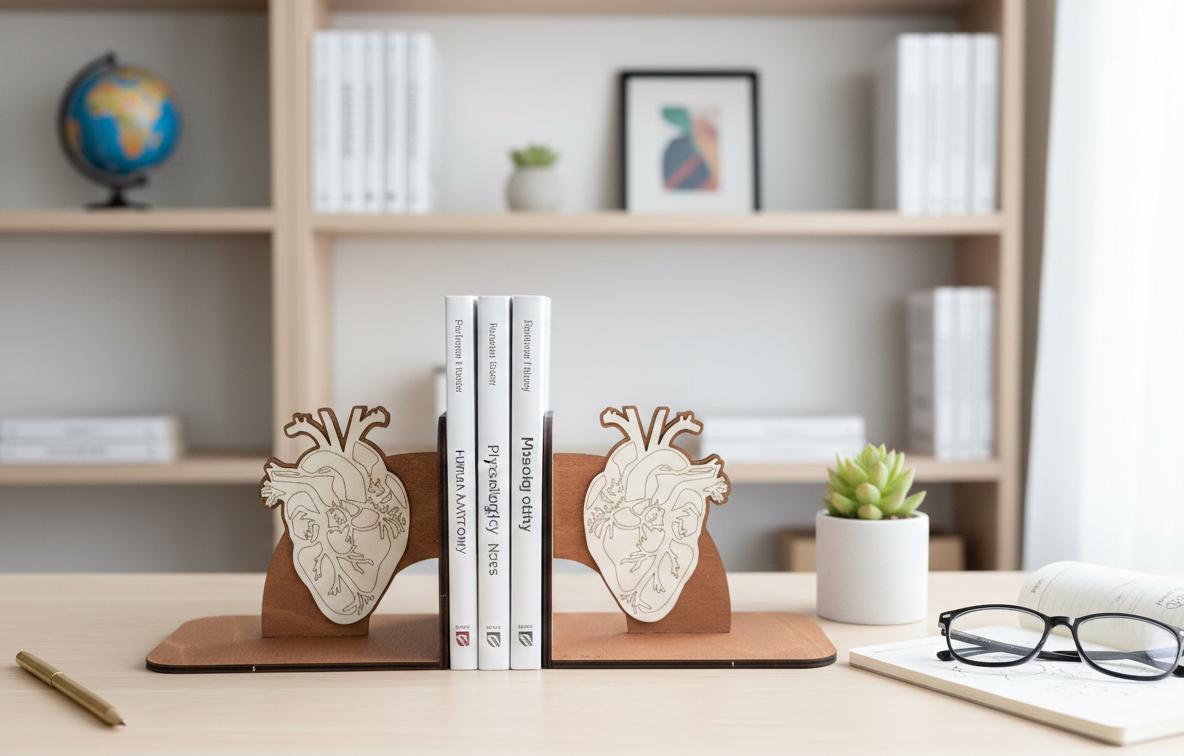 Geometric Human Heart Bookends, Wooden Anatomical Decor, Medical Gift