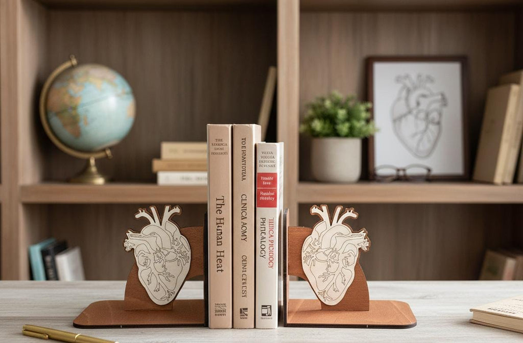 Geometric Human Heart Bookends, Wooden Anatomical Decor, Medical Gift