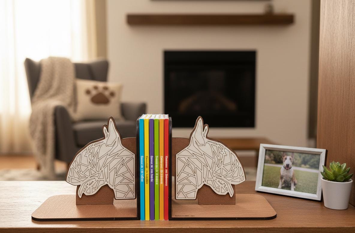 Geometric Bull Terrier Bookends, Laser Cut Birch Plywood, Modern Dog Decor
