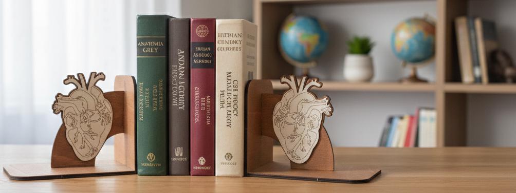 Geometric Human Heart Bookends, Wooden Anatomical Decor, Medical Gift