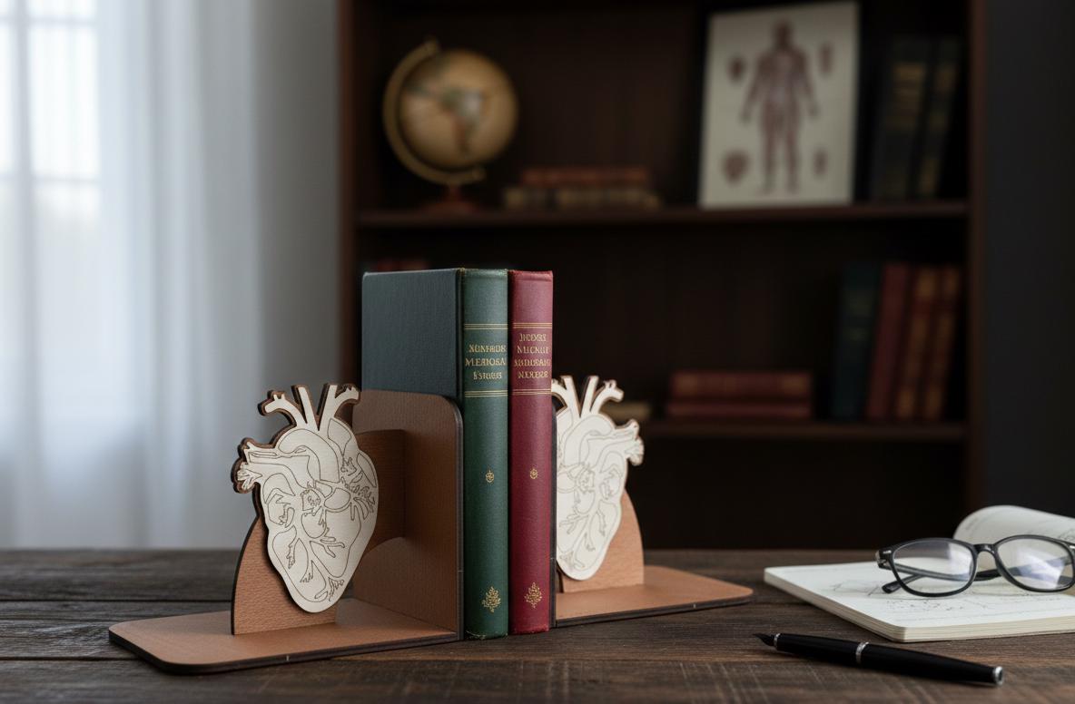 Geometric Human Heart Bookends, Wooden Anatomical Decor, Medical Gift