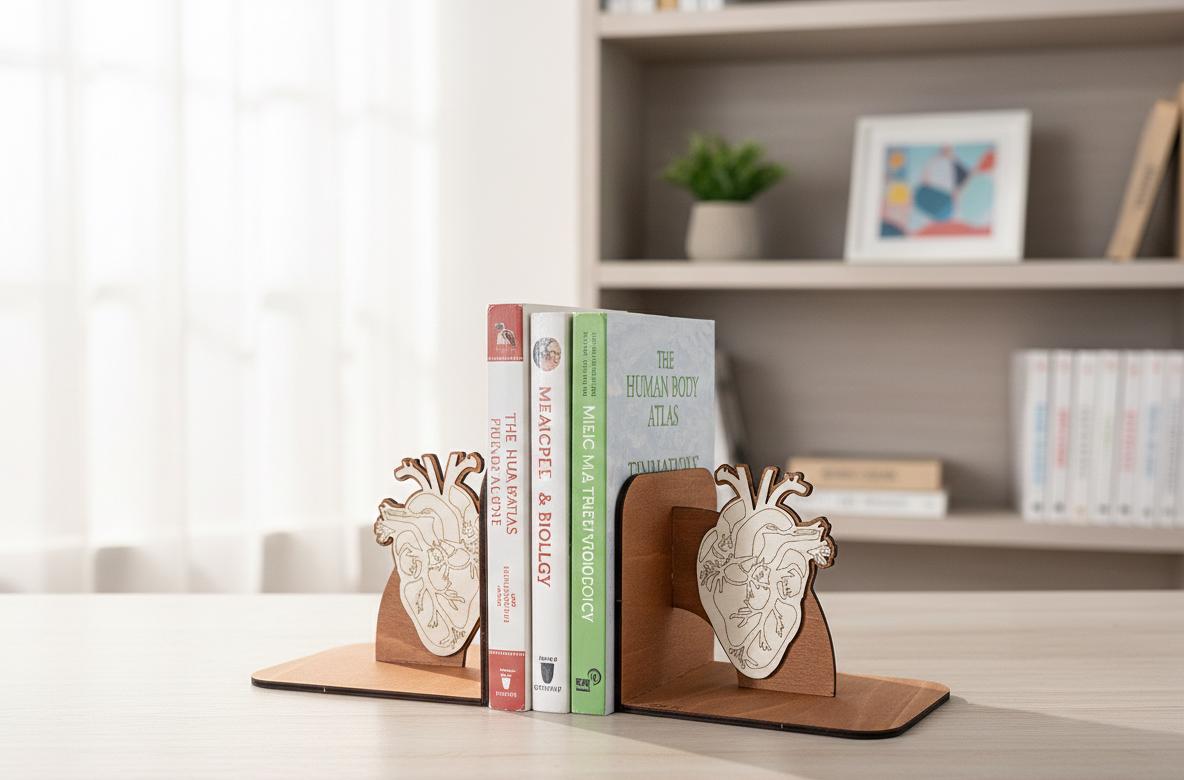 Geometric Human Heart Bookends, Wooden Anatomical Decor, Medical Gift