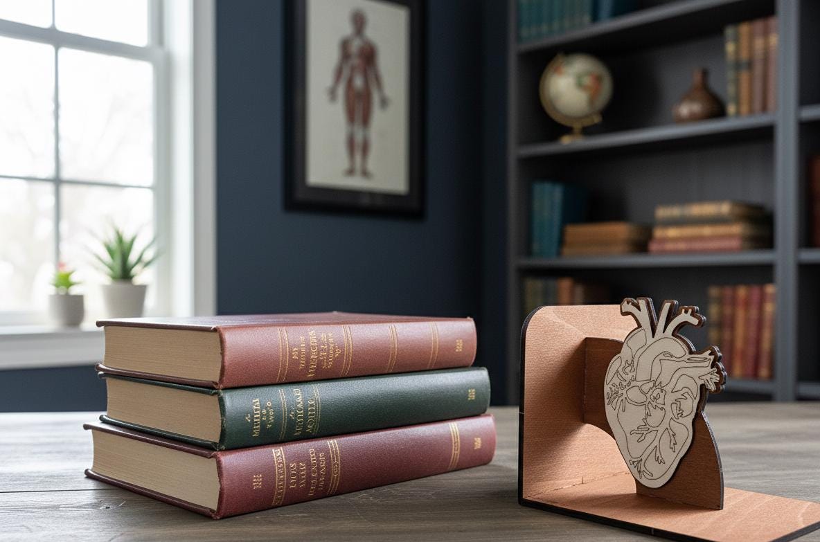 Geometric Human Heart Bookends, Wooden Anatomical Decor, Medical Gift