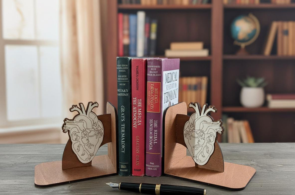 Geometric Human Heart Bookends, Wooden Anatomical Decor, Medical Gift