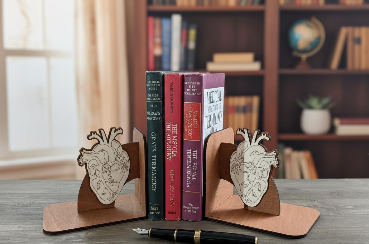 Geometric Human Heart Bookends, Wooden Anatomical Decor, Medical Gift