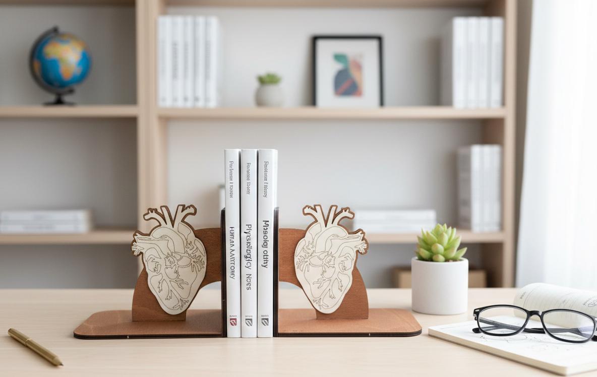 Geometric Human Heart Bookends, Wooden Anatomical Decor, Medical Gift