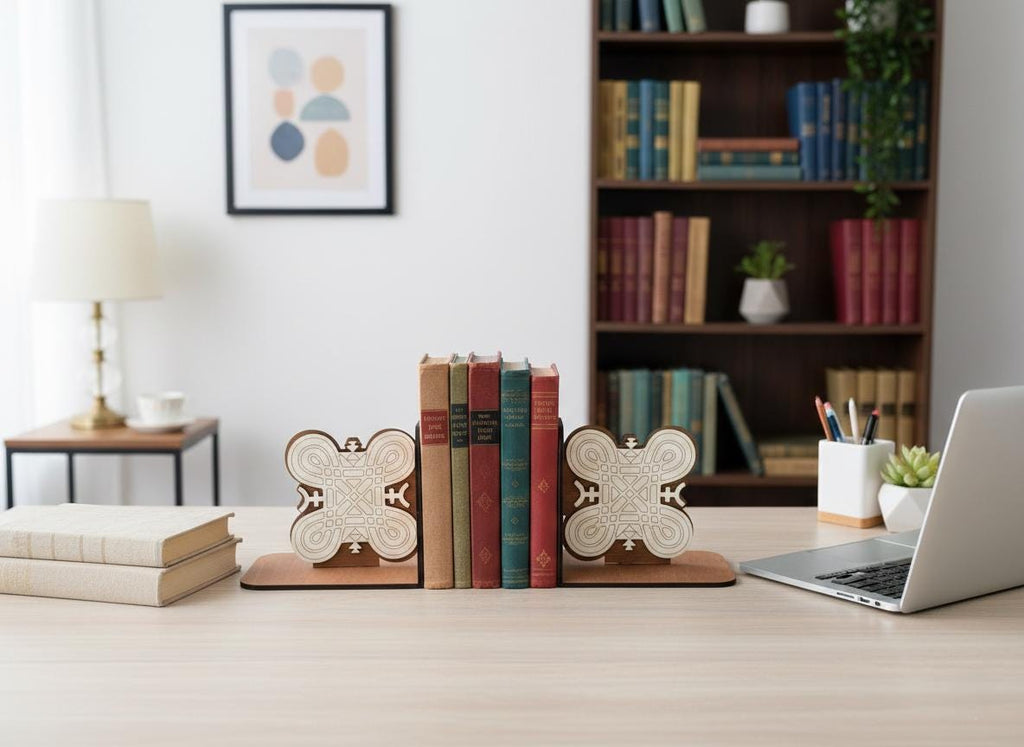 Wooden Hannunvaakuna Bookends, Nordic Protection Symbol, Scandinavian Library Decor