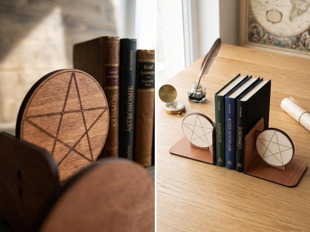 Wooden Pentagram Bookends – Sacred Geometry Bookshelf Decor, Wiccan Office Accessory