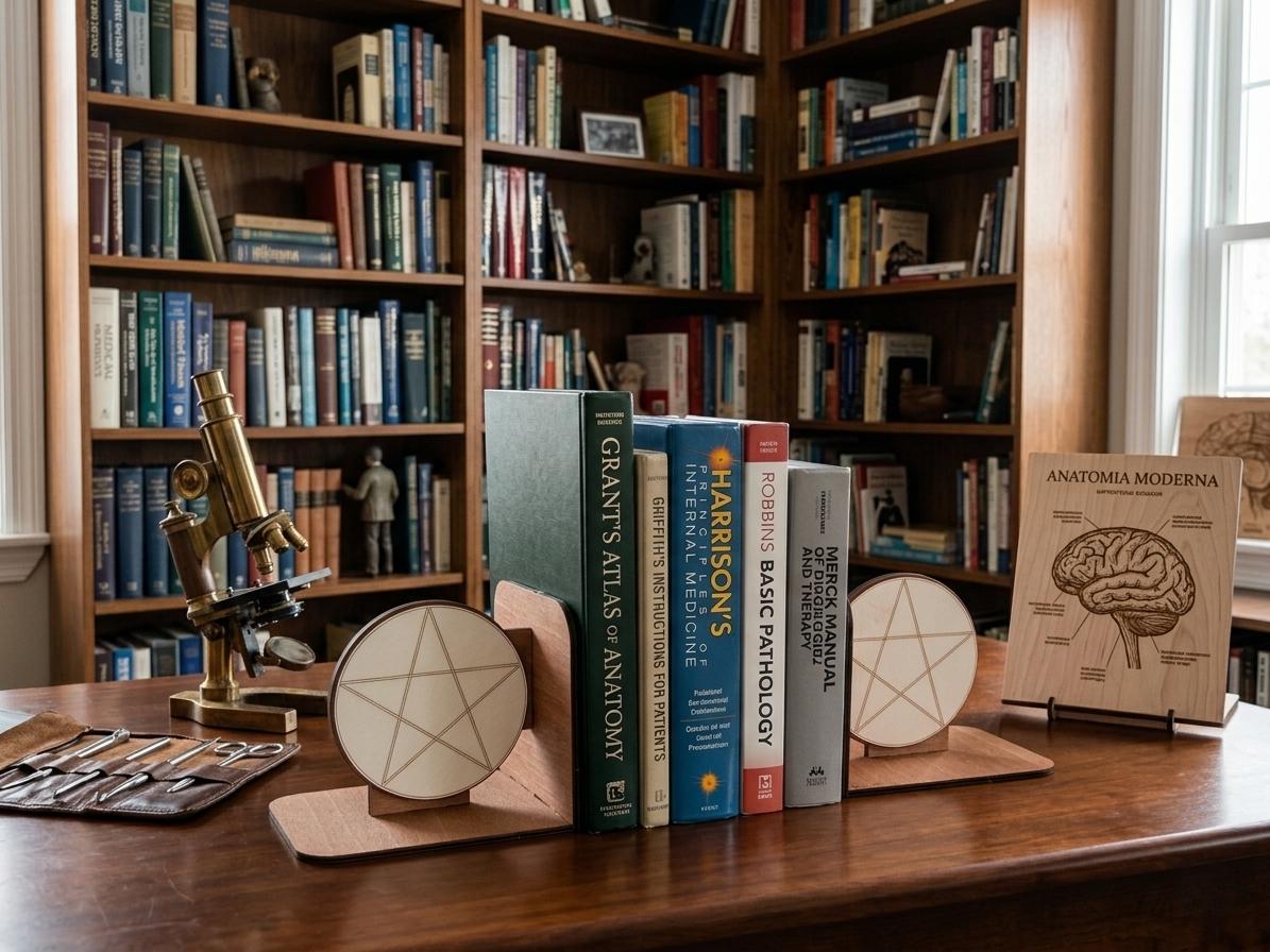 Wooden Pentagram Bookends – Sacred Geometry Bookshelf Decor, Wiccan Office Accessory