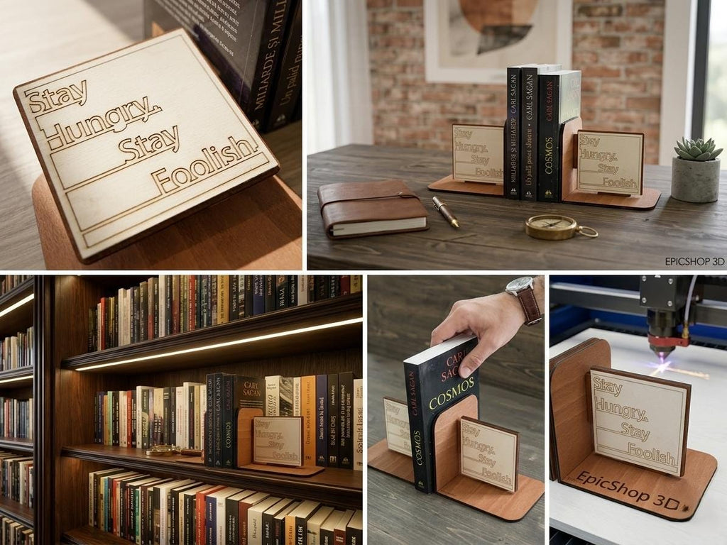 Stay Hungry Stay Foolish Wooden Bookends, Motivational Office Decor, Minimalist Bookshelf Accessory