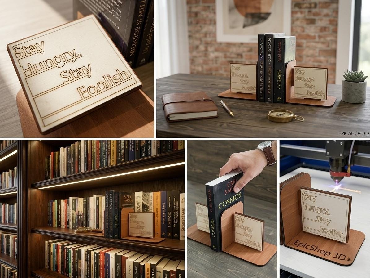 Stay Hungry Stay Foolish Wooden Bookends, Motivational Office Decor, Minimalist Bookshelf Accessory