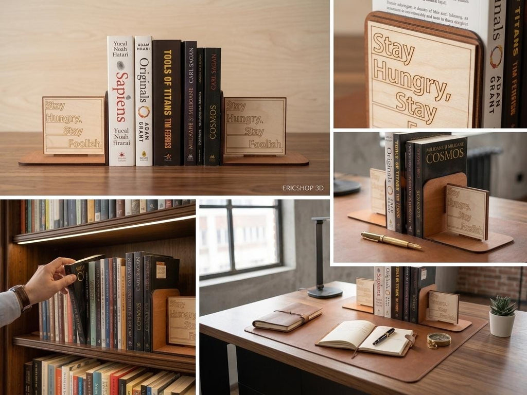 Stay Hungry Stay Foolish Wooden Bookends, Motivational Office Decor, Minimalist Bookshelf Accessory
