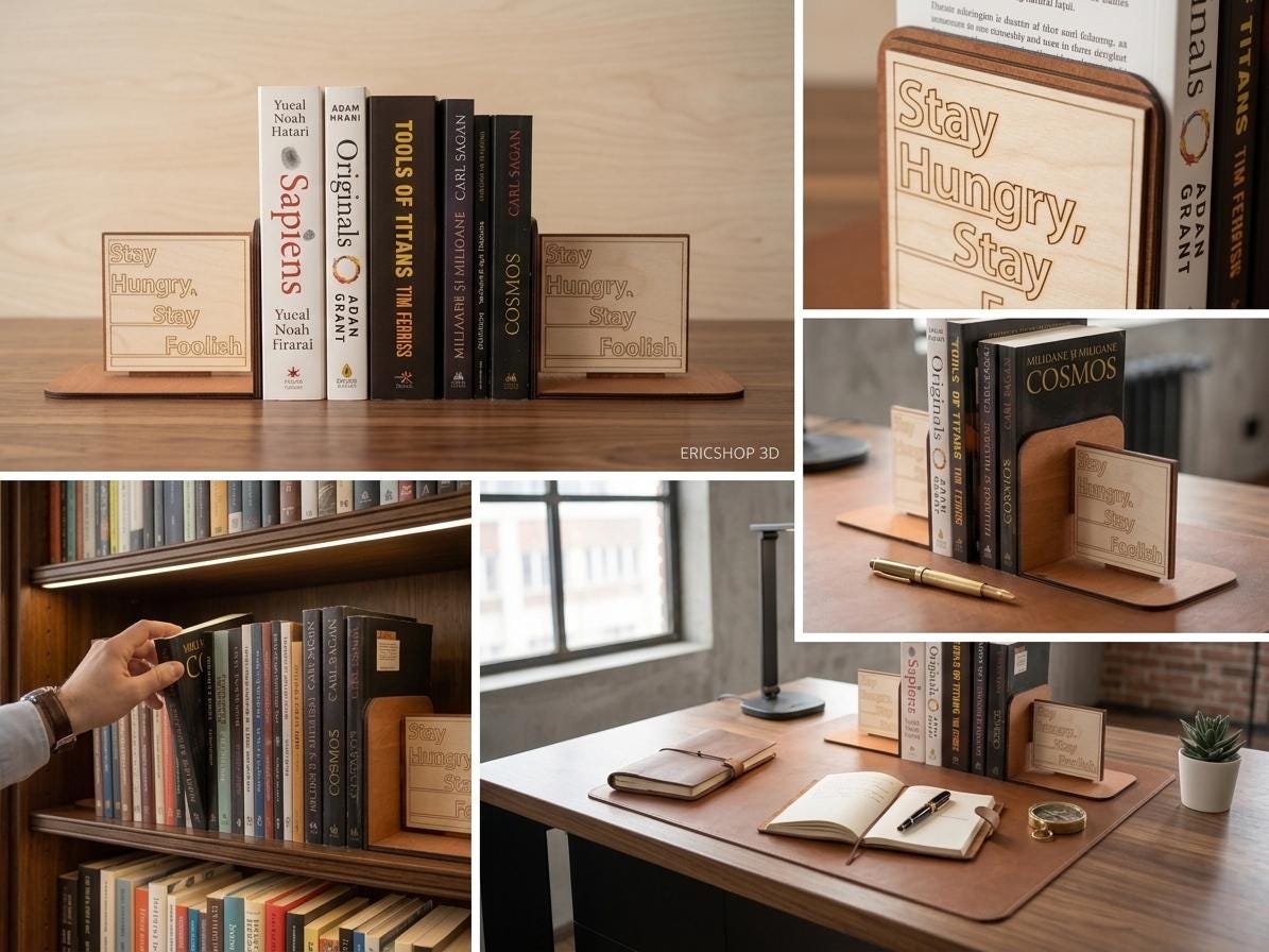 Stay Hungry Stay Foolish Wooden Bookends, Motivational Office Decor, Minimalist Bookshelf Accessory
