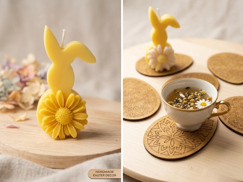 Easter Egg Candle and Wood Coaster Set – Hand-Poured Soy Wax, Spring Table Decor
