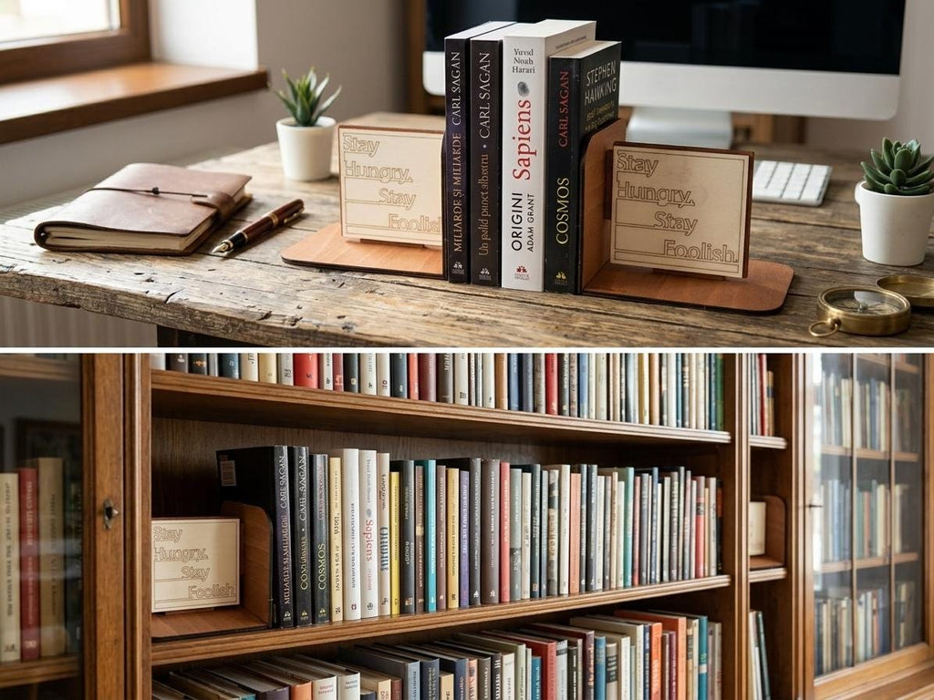 Stay Hungry Stay Foolish Wooden Bookends, Motivational Office Decor, Minimalist Bookshelf Accessory