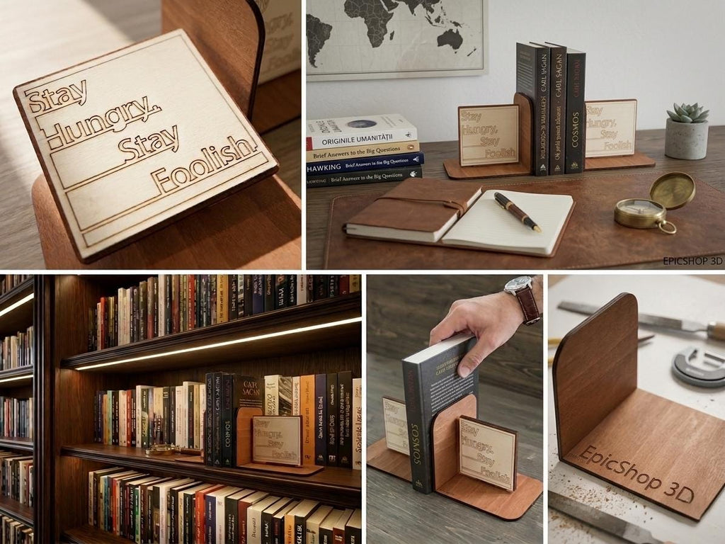 Stay Hungry Stay Foolish Wooden Bookends, Motivational Office Decor, Minimalist Bookshelf Accessory