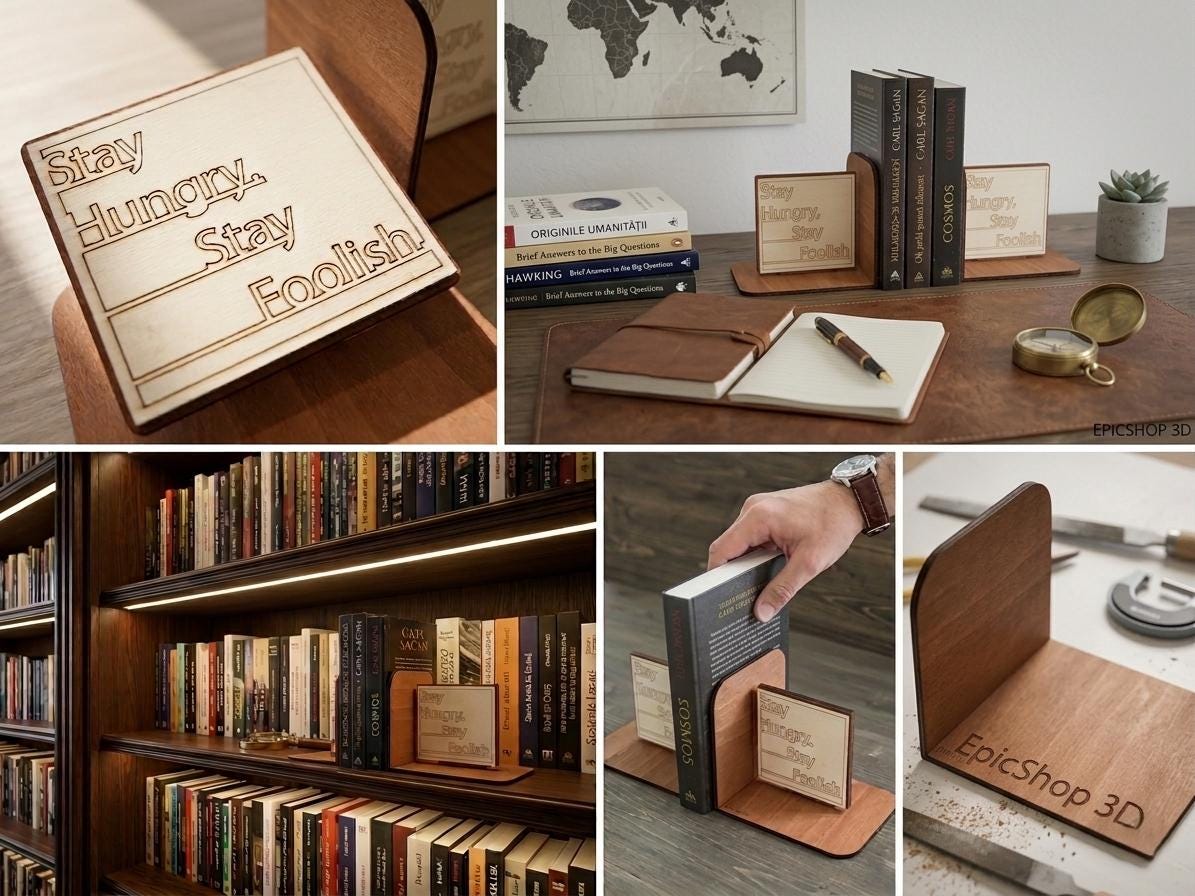 Stay Hungry Stay Foolish Wooden Bookends, Motivational Office Decor, Minimalist Bookshelf Accessory