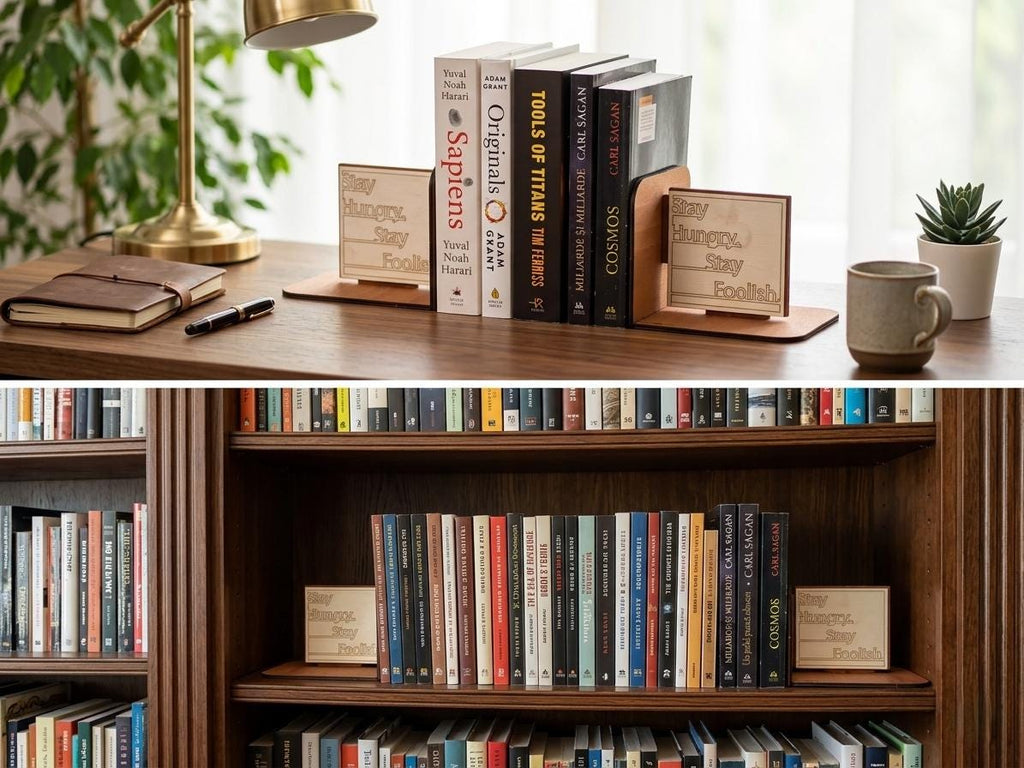 Stay Hungry Stay Foolish Wooden Bookends, Motivational Office Decor, Minimalist Bookshelf Accessory