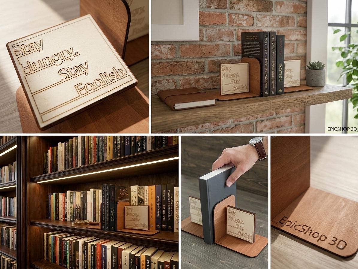 Stay Hungry Stay Foolish Wooden Bookends, Motivational Office Decor, Minimalist Bookshelf Accessory