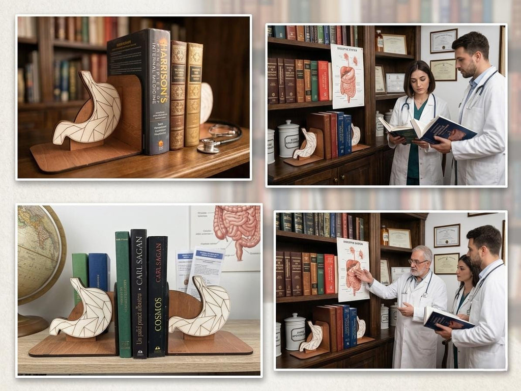 Geometric Stomach Wood Bookends, Low-Poly Anatomy Decor, Medical Office Gift