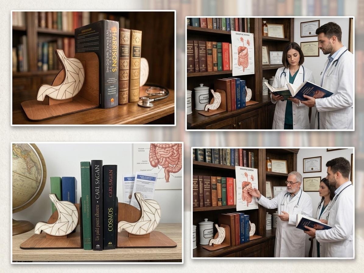 Geometric Stomach Wood Bookends, Low-Poly Anatomy Decor, Medical Office Gift