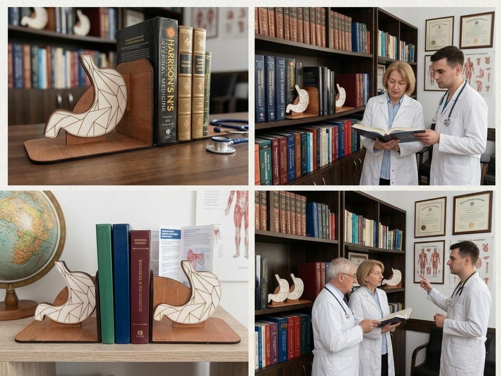 Geometric Stomach Wood Bookends, Low-Poly Anatomy Decor, Medical Office Gift