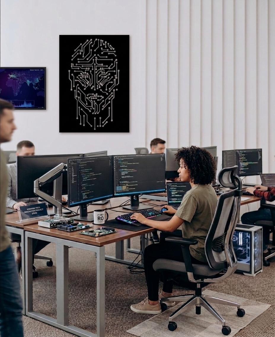 AI Circuit Face Wall Art, Futuristic Technology Decor, Cyberpunk Office Art