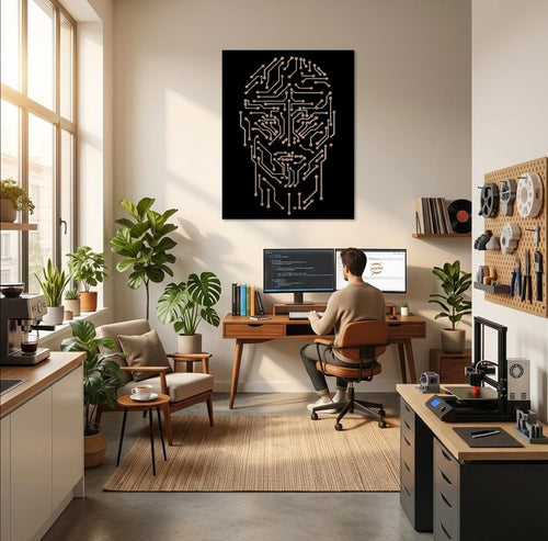 AI Circuit Face Wall Art, Futuristic Technology Decor, Cyberpunk Office Art